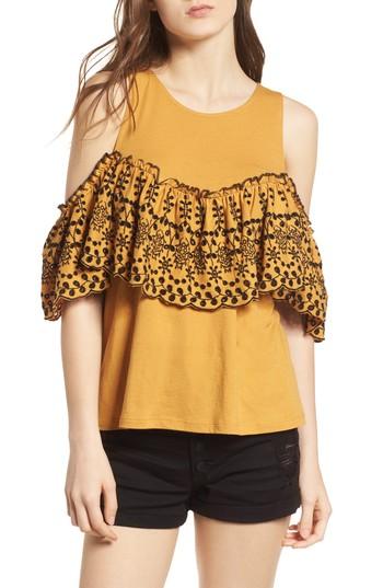 Women's Bp. Eyelet Ruffle Cold Shoulder Top, Size - Yellow