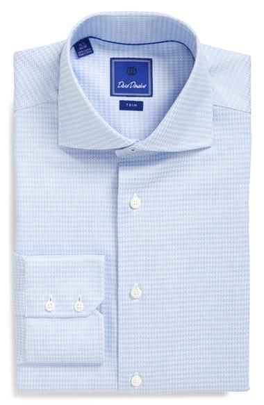 Men's David Donahue Trim Fit Houndstooth Dress Shirt 34/35 - Blue