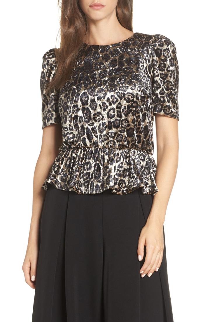 Women's Eliza J Velvet Leopard Print Peplum Top - Brown