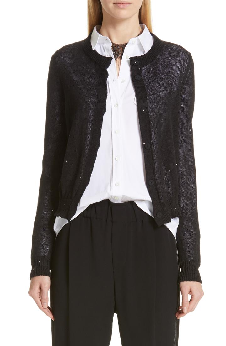 Women's Brunello Cucinelli Sequin Linen & Silk Crop Cardigan - Black