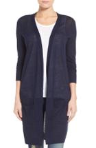 Petite Women's Halogen Long Linen Blend Cardigan, Size P - Blue