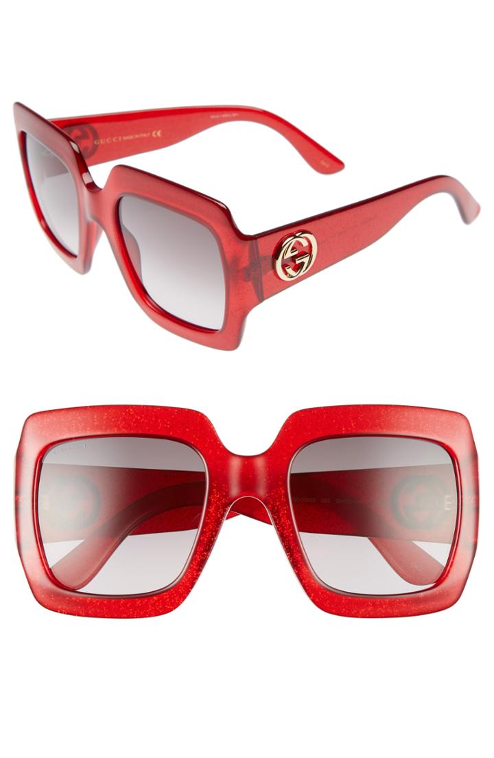 Women's Gucci 54mm Square Sunglasses - Red Glitter/ Grey
