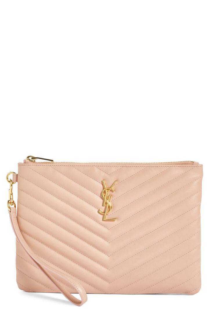 Women's Saint Laurent 'small Monogram' Print Leather Wristlet - Pink