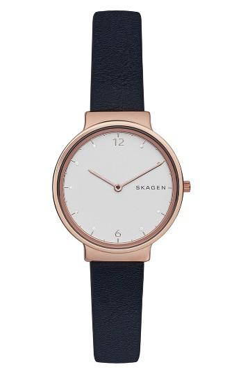 Women's Skagen Ancher Crystal Index Leather Strap Watch, 30mm