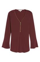 Women's Chaus Zip Front Flounce Sleeve Top - Burgundy