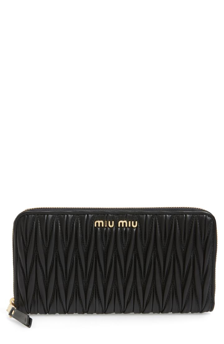 Women's Miu Miu Matelasse Lambskin Leather Zip Around Wallet - Black