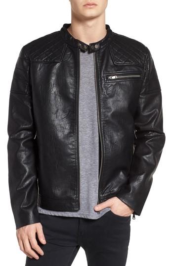 Men's Topman Washed Faux Leather Racer Jacket - Black