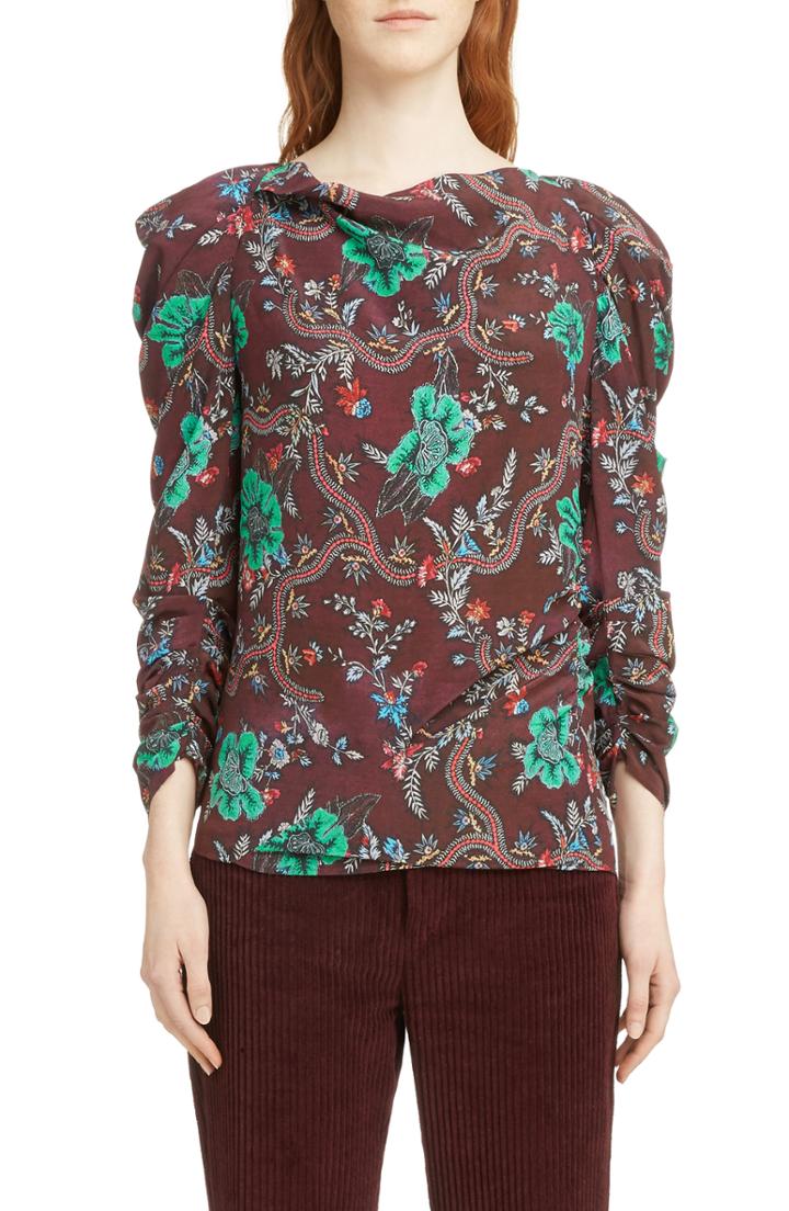 Women's Isabel Marant Floral Print Ruched Sleeve Blouse Us / 36 Fr - Burgundy