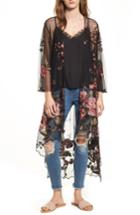 Women's Band Of Gypsies Sunset Sheer Embroidered Kimono /small - Black