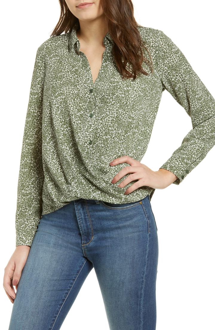 Women's All In Favor Patterned Drape Front Blouse - Green