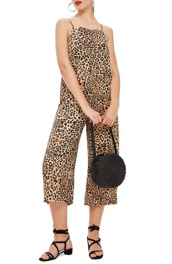 Women's Topshop Animal Print Satin Jumpsuit - Brown
