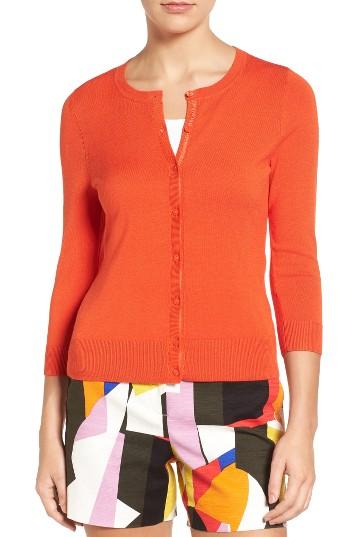 Women's Halogen Three Quarter Sleeve Crewneck Cardigan, Size - Orange