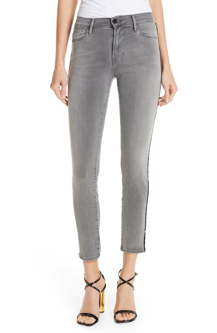 Women's Frame Le High Velvet Tuxedo Stripe Ankle Skinny Jeans - Grey