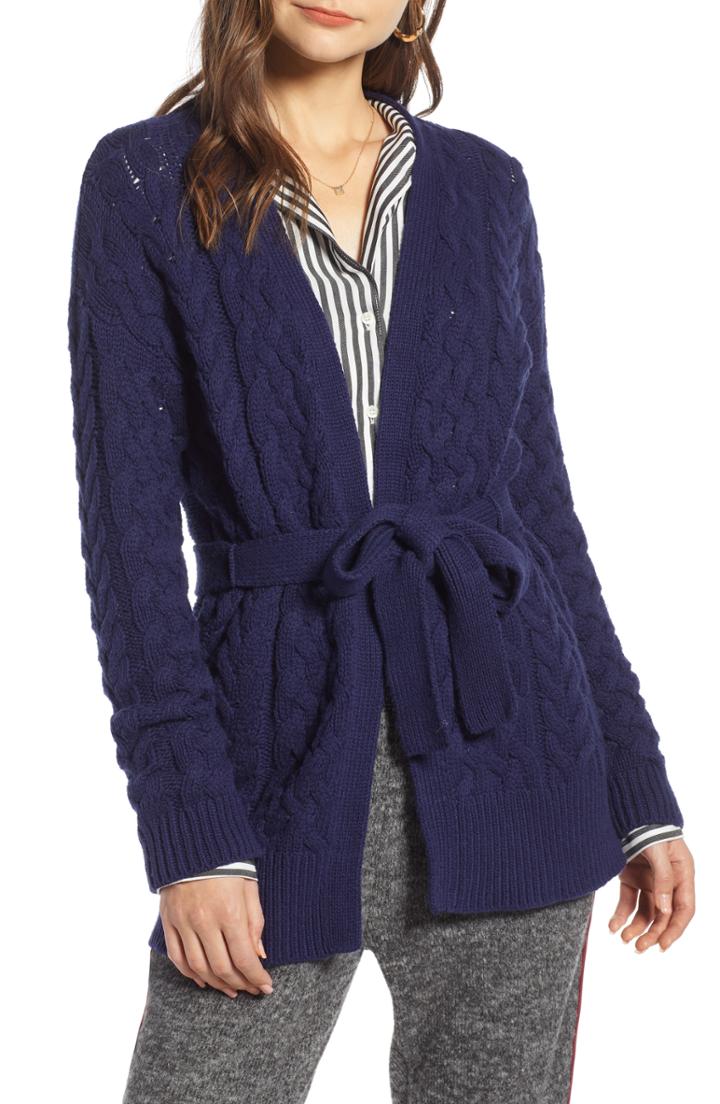 Women's Treasure & Bond Cable Knit Belted Wrap Cardigan, Size - Blue