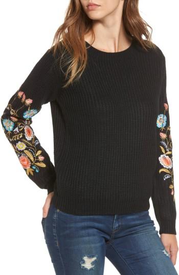 Women's Woven Heart Embroidered Waffle Stitch Sweater - Black