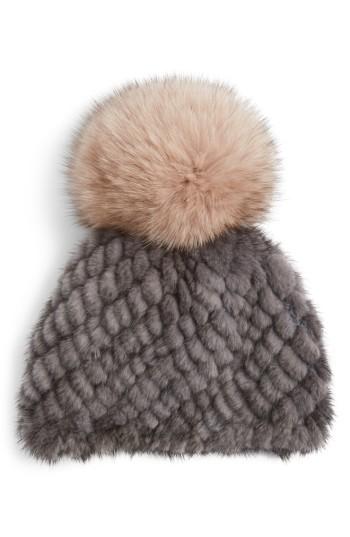 Women's Jocelyn Genuine Mink Fur Beanie With Genuine Fox Fur Pompom - Grey