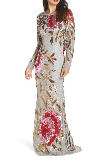 Women's Mac Duggal Drape Back Floral Sequin Gown - Grey