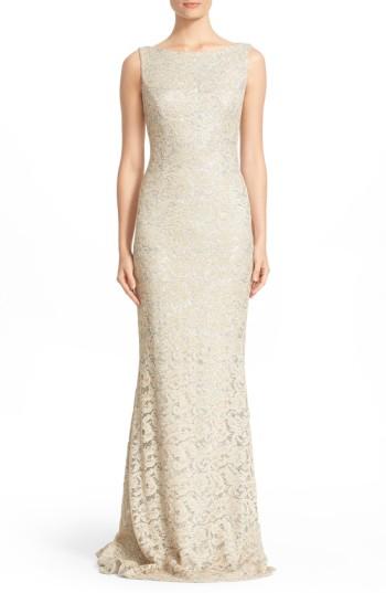 Women's Carmen Marc Valvo Couture Sequin Lace Column Gown - Beige