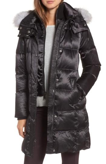 Women's Andrew Marc Hooded Down Jacket With Genuine Fox Fur Trim - Black