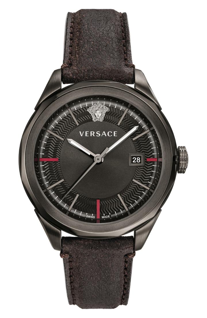 Men's Versace Glaze Leather Strap Watch, 43mm