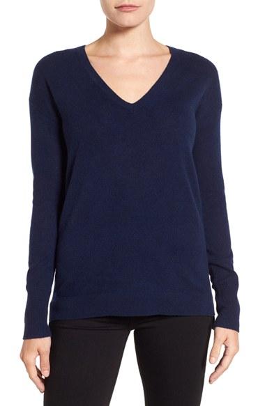 Petite Women's Halogen V-neck Cashmere Sweater P - Blue