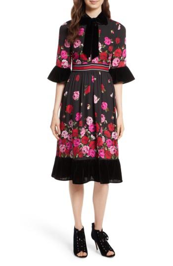 Women's Kate Spade New York Scattered Rose Velvet Trim Silk Dress