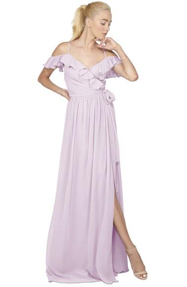 Women's Ceremony By Joanna August 'portia' Off The Shoulder Ruffle Wrap Chiffon Gown - Purple
