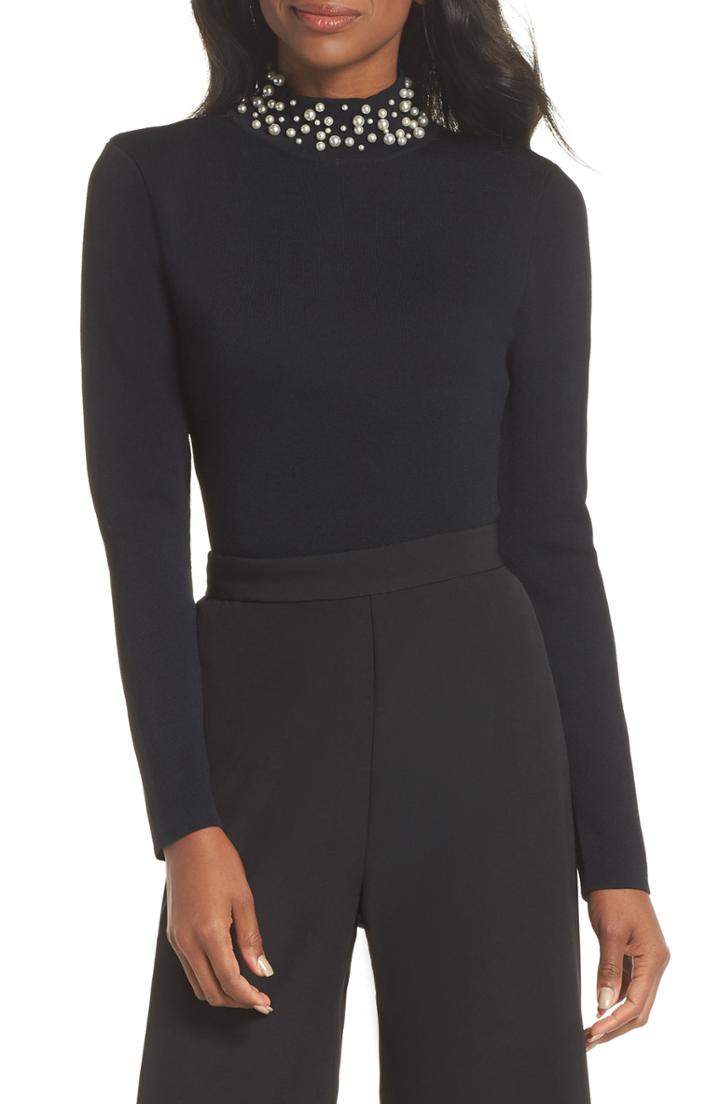 Women's Eliza J Faux Pearl Embellished Mock Neck Sweater