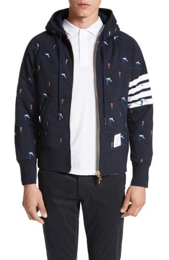 Men's Thom Browne Embroidered Skier Zip Hoodie - Blue