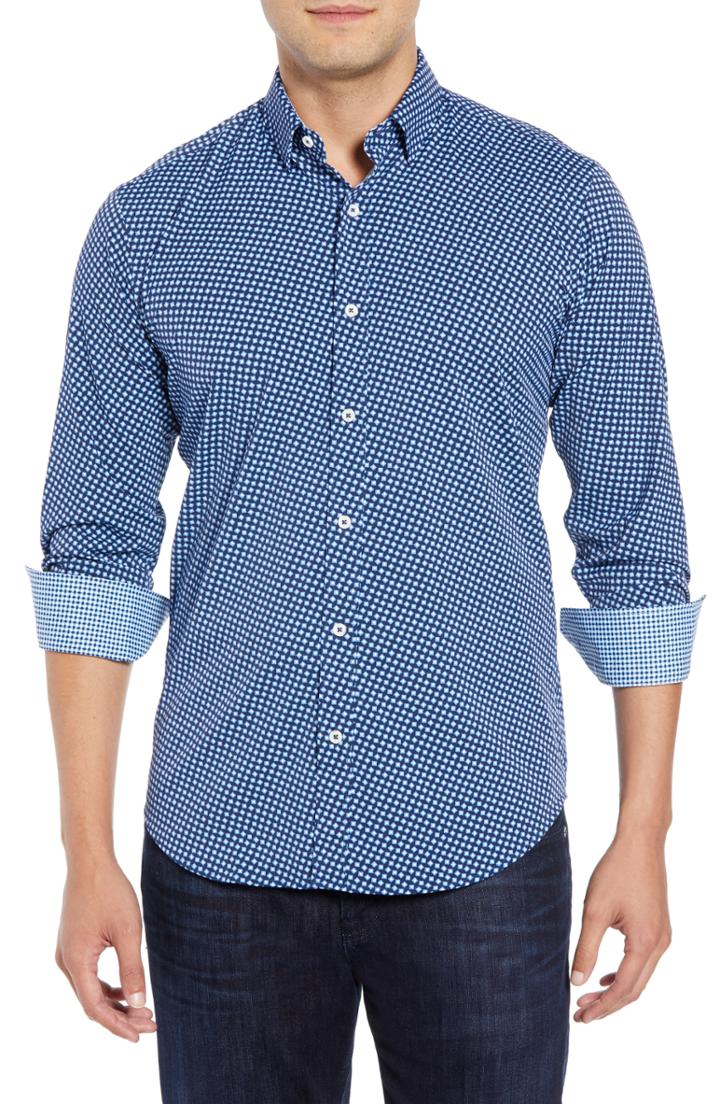 Men's Bugatchi Shaped Fit Geometric Performance Sport Shirt - Blue