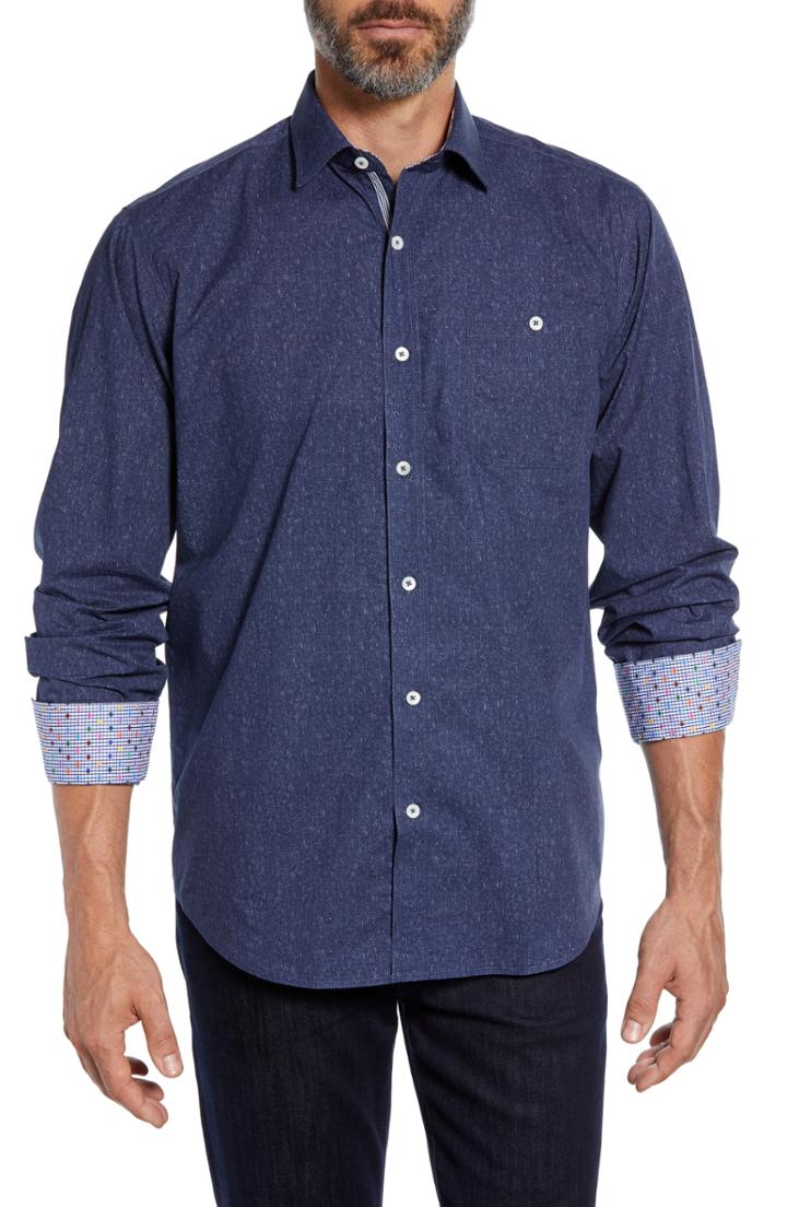 Men's Bugatchi Classic Fit Melange Sport Shirt, Size - Blue