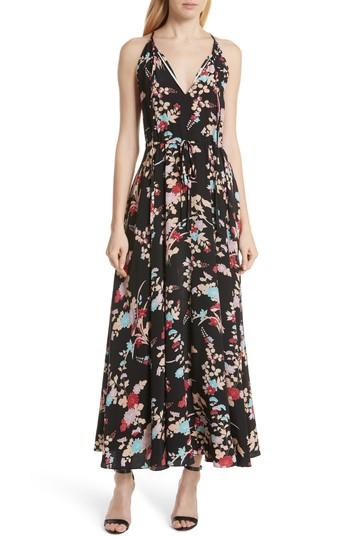Women's Dvf Floral Keyhole Tie Waist Silk Maxi Dress - Black