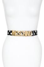 Women's Moschino Logo Plate Polka Dot Saffiano Leather Belt - Black/ Gold
