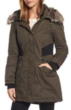 Petite Women's French Connection Mixed Media Parka With Faux Fur Trim Hood P - Green