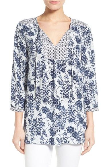 Women's Nydj 'patchwork Mosaic' Print Split Neck Blouse - Blue