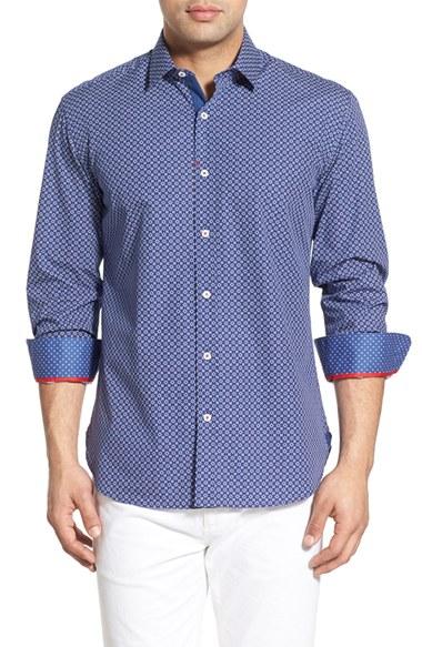 Men's Bugatchi Shaped Fit Medallion Sport Shirt, Size - Blue