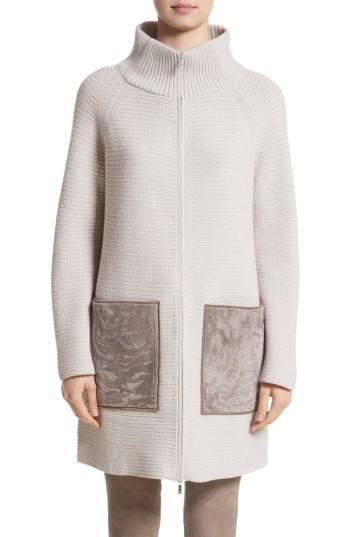 Women's Lafayette 148 New York Wool & Cashmere Herringbone Stitch Cardigan With Genuine Shearling Pockets, Size - Beige