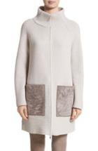 Women's Lafayette 148 New York Wool & Cashmere Herringbone Stitch Cardigan With Genuine Shearling Pockets, Size - Beige