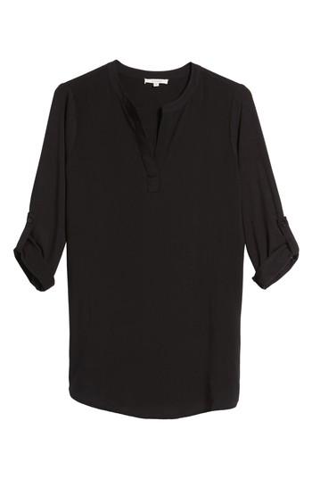 Petite Women's Pleione Split Neck Roll Sleeve Tunic P - Black