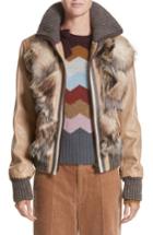 Women's Marc Jacobs Genuine Raccoon, Opossum & Lamb Fur Patchwork Leather Bomber - Brown