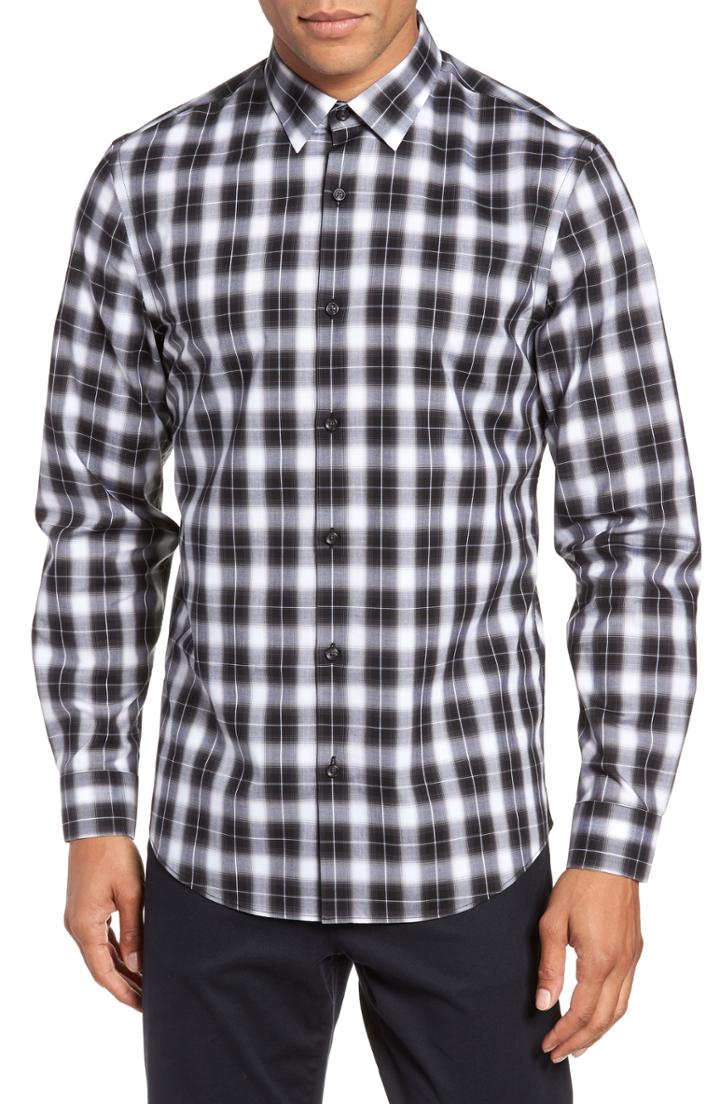 Men's Calibrate Non-iron Mini Plaid Sport Shirt, Size - Black