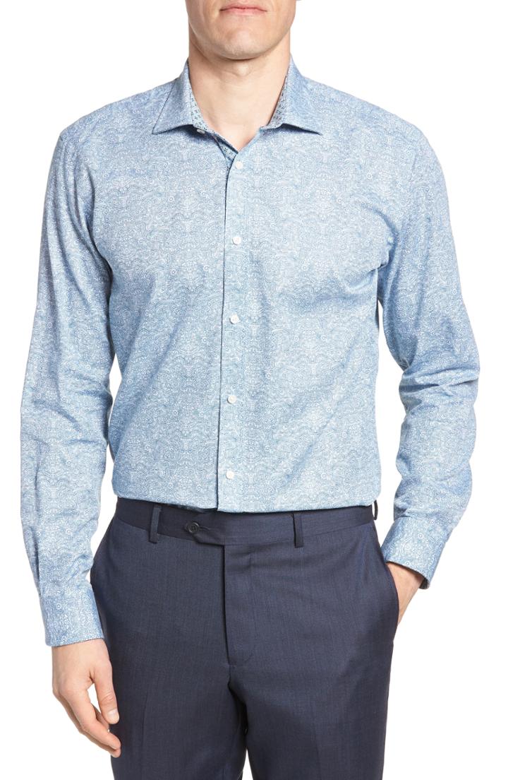 Men's Ted Baker London Quizz Trim Fit Paisley Dress Shirt - 34/35 - Blue