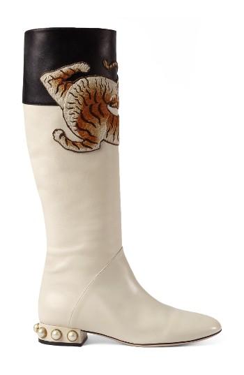Women's Gucci Imitation Pearl Tiger Applique Riding Boot Us / 36eu - White