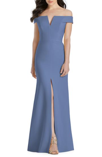 Women's Dessy Collection Notched Off The Shoulder Crepe Gown - Blue