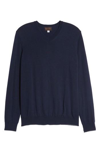 Men's Thomas Dean Merino Wool Blend V-neck Sweater, Size - Blue