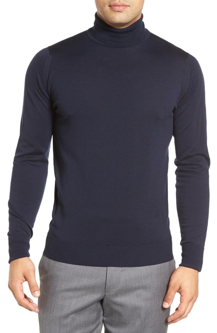Men's John Smedley 'richards' Easy Fit Turtleneck Wool Sweater, Size - Blue