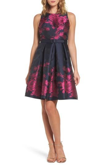 Petite Women's Eliza J Floral Jacquard Fit & Flare Dress P - Blue