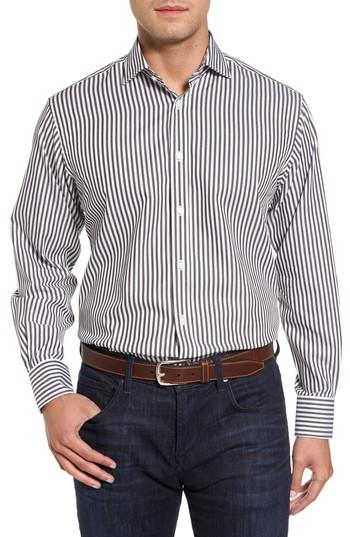 Men's Thomas Dean Regular Fit Stripe Herringbone Sport Shirt - Grey