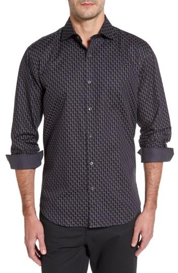 Men's Bugatchi Shaped Fit Step Check Stripe Sport Shirt - Black