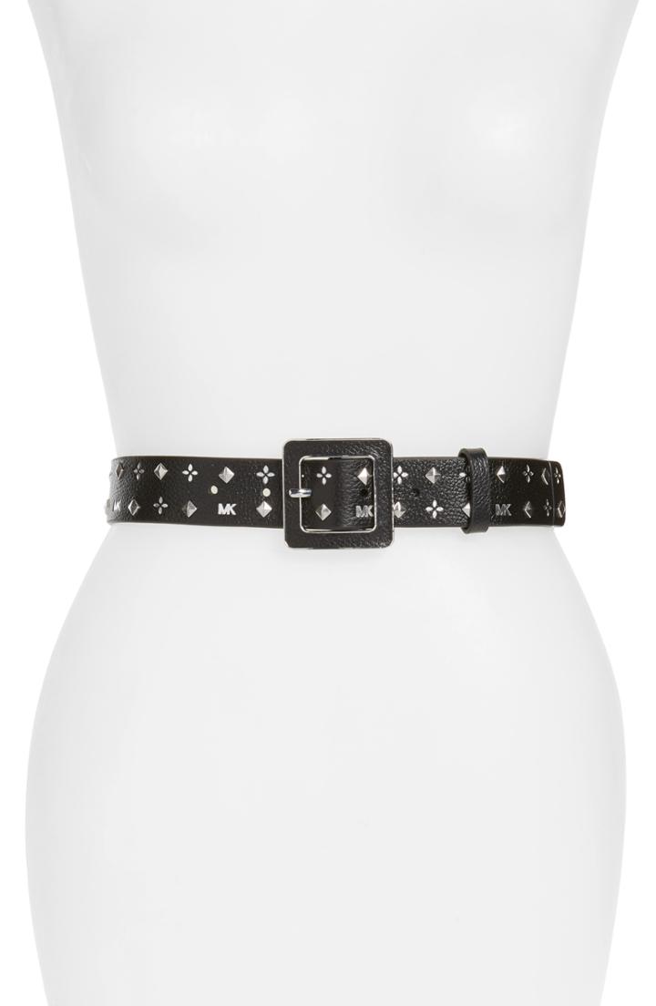 Women's Michael Michael Kors Studded Logo Leather Belt - Black/ Light Polished Gold